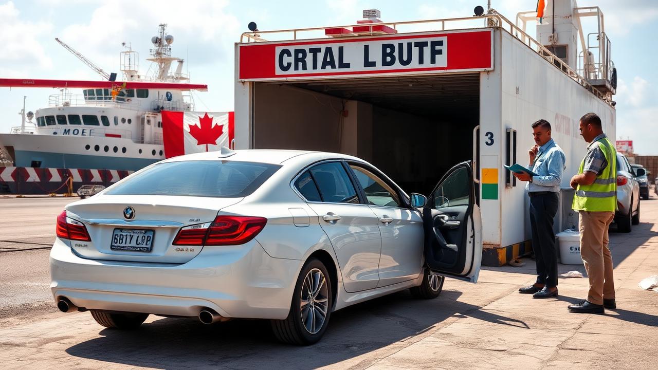 Imported Canadian car parked at a customs valuation bay at an African port with officials inspecting