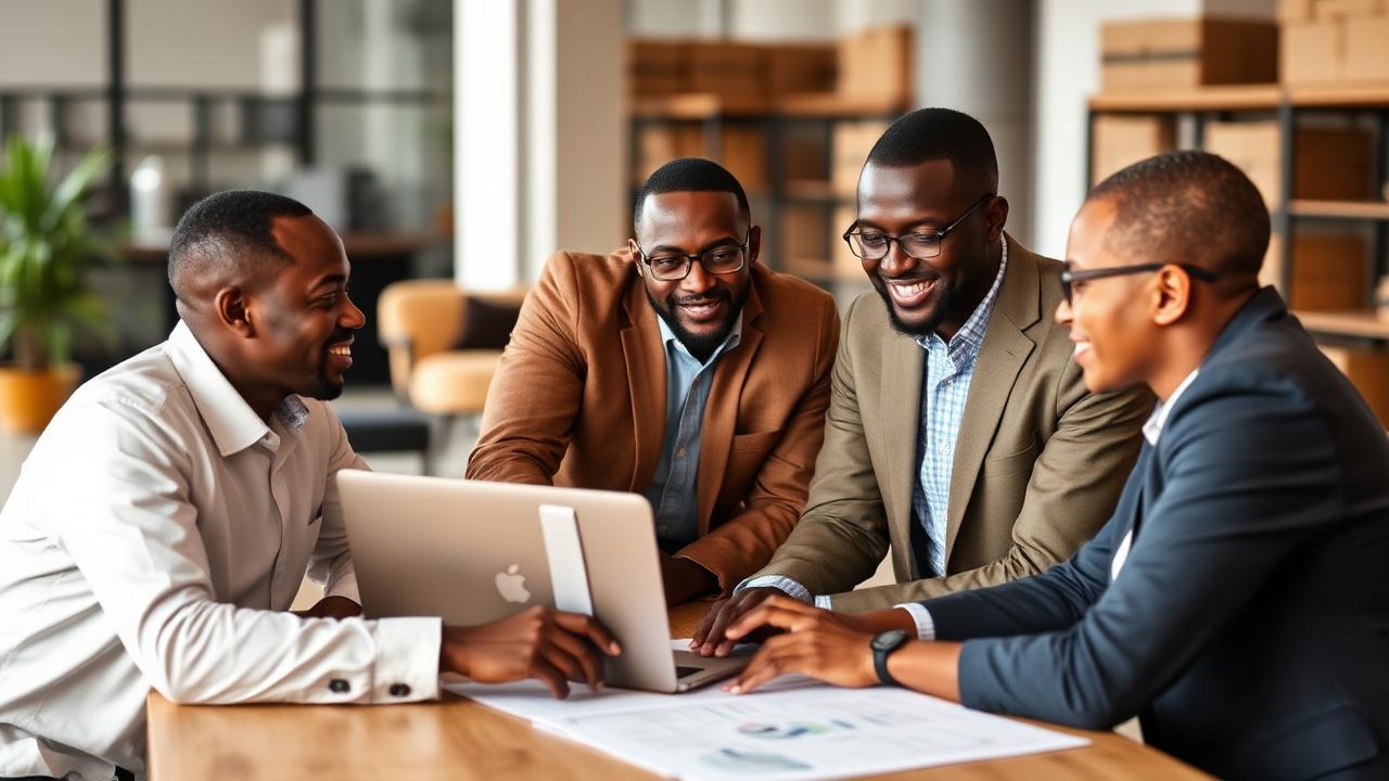 African business team meeting around a laptop reviewing vehicle import logistics and inventory plans