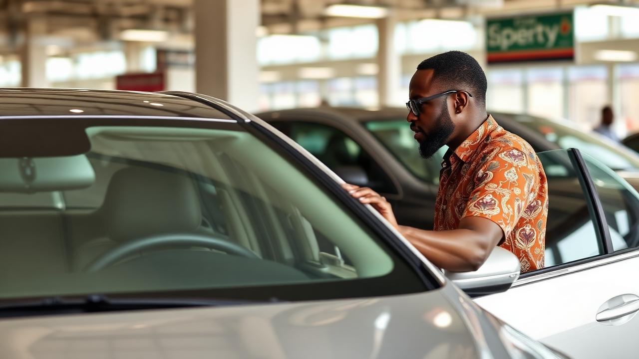 African customer inspecting a clean used Canadian sedan at a busy West African car dealership