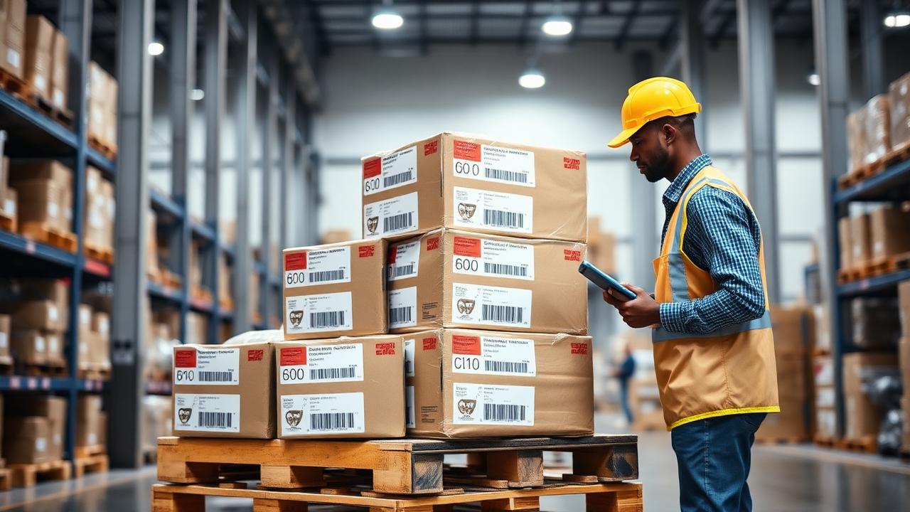 Worker scanning consolidated e-commerce parcels onto a pallet for ocean export to Africa