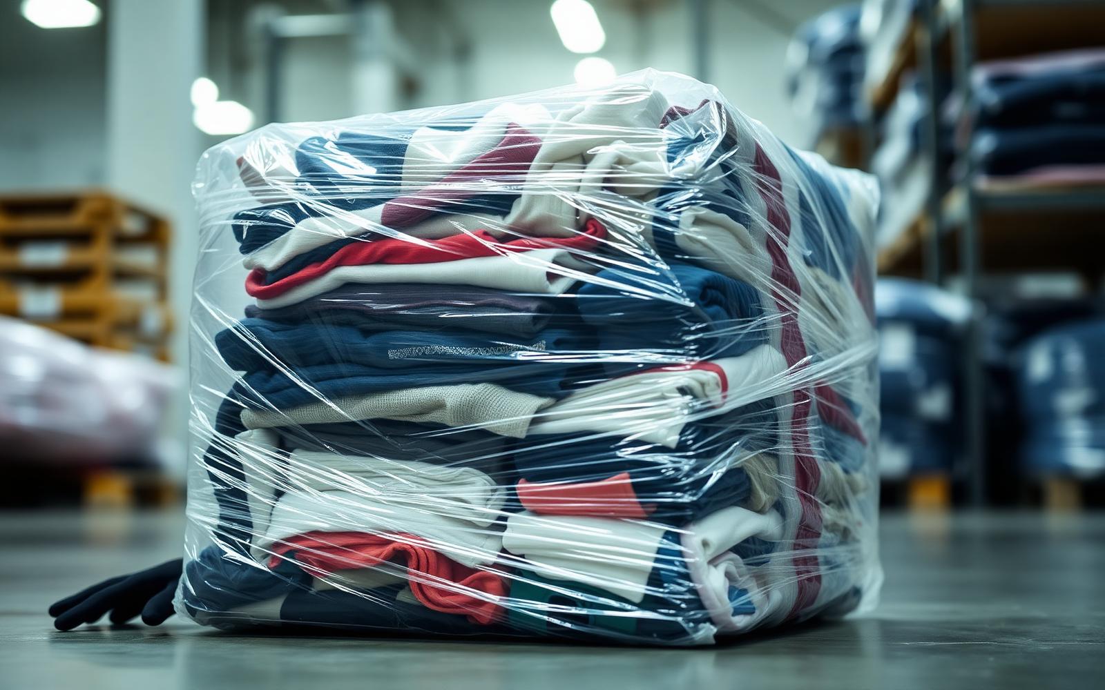 Compressed 45 kg used clothing bale wrapped in plastic in a Montreal warehouse
