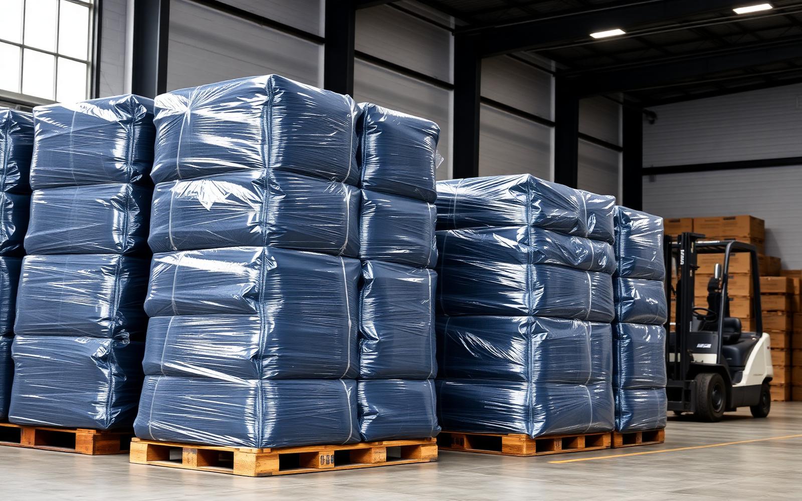 Compressed used clothing bales stacked on pallets in a Montreal warehouse