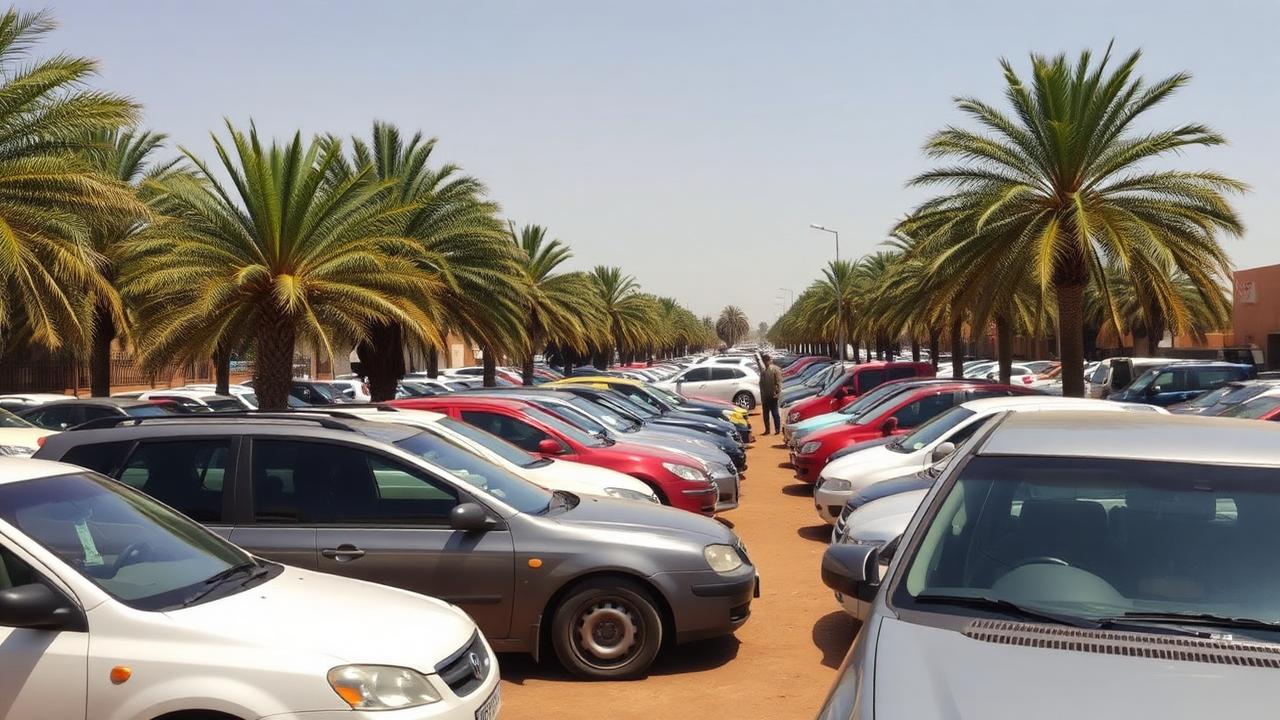 Busy used car lot in Dakar Senegal with imported Canadian vehicles parked in rows under palm trees