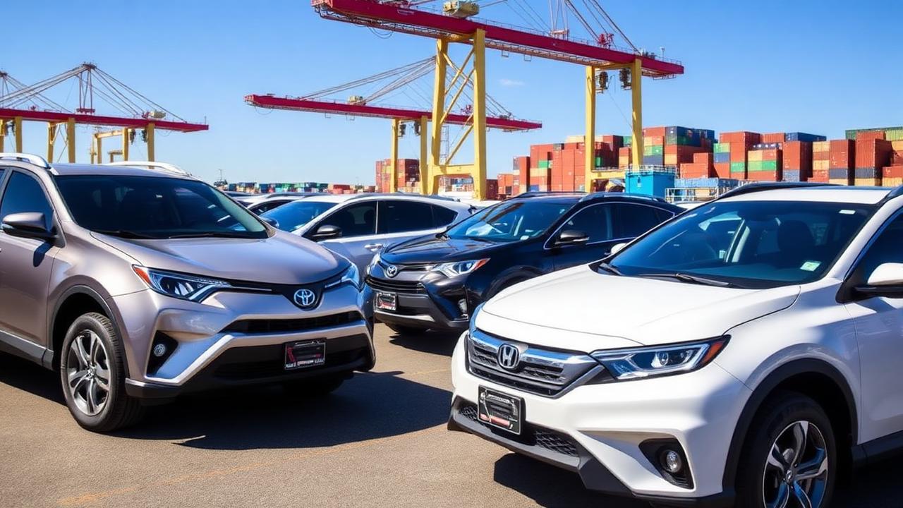 Selection of Toyota and Honda compact SUVs ready for export staged at the Port of Montreal