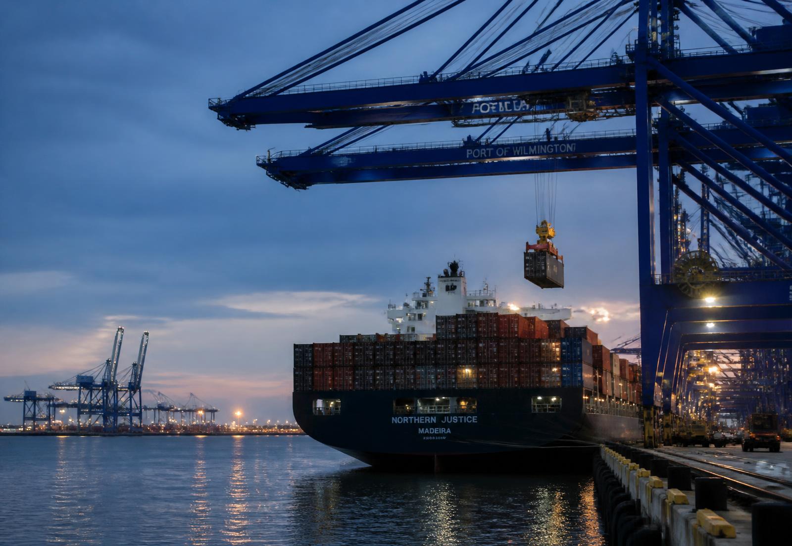 Port crane loading a shipping container onto a container vessel at dusk