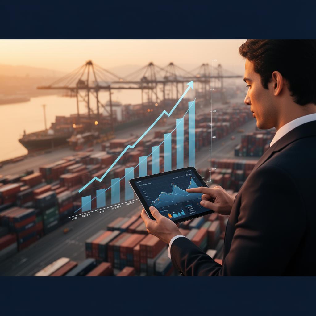 Business owner analyzing supply chain growth charts at a global shipping port