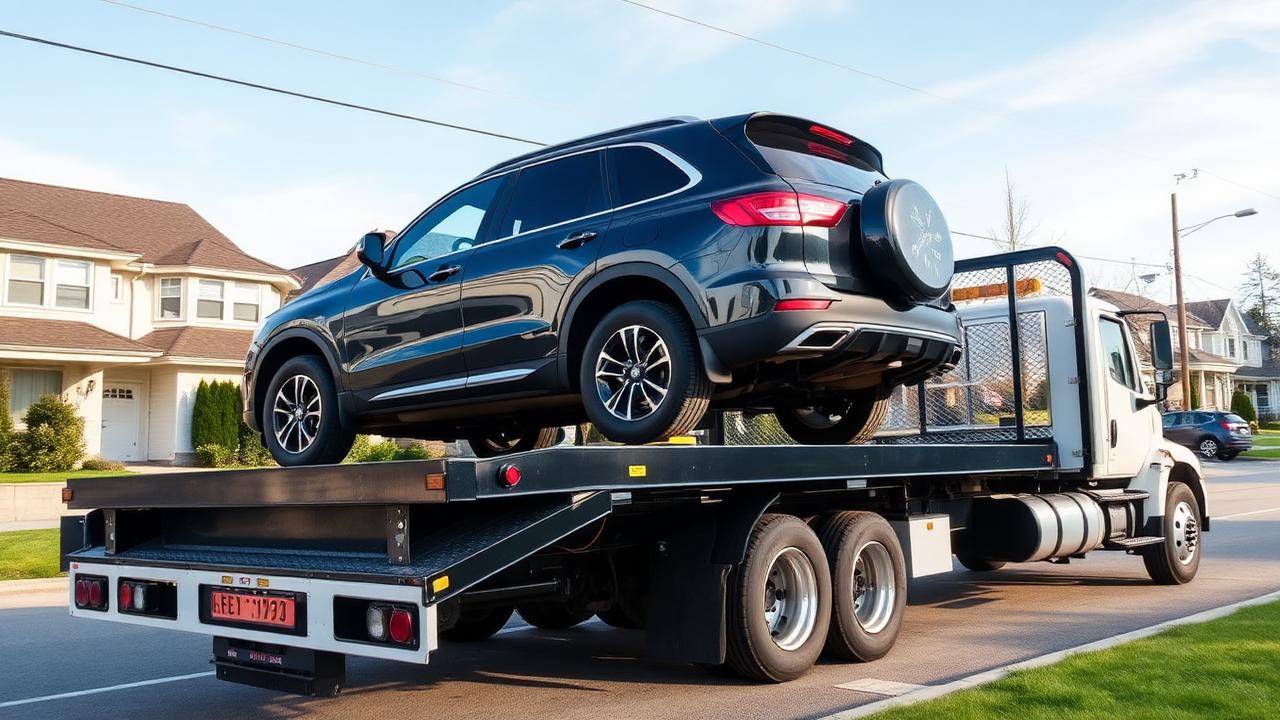 Recently purchased SUV being loaded onto a flatbed tow truck for transport to an export warehouse