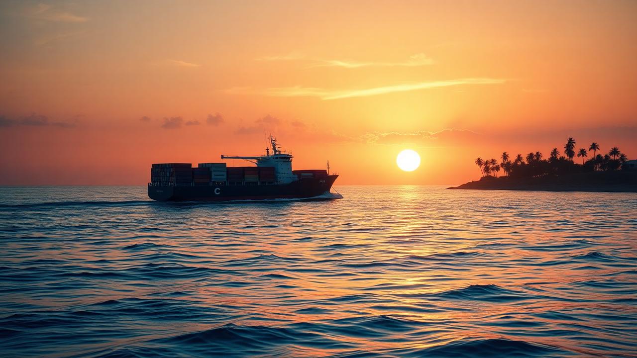 Container ship sailing along the West African coast at sunset with palm trees on the horizon