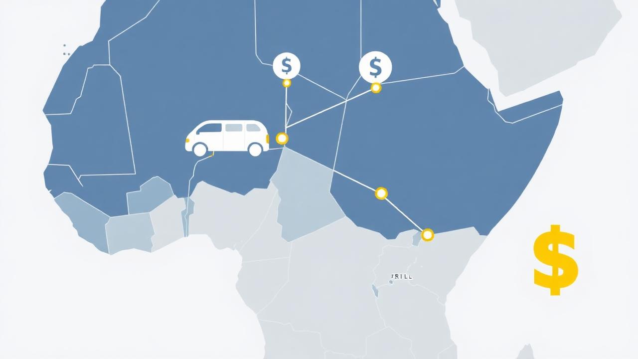 Map of Africa with export routes from Montreal overlaid with vehicle and dollar icons