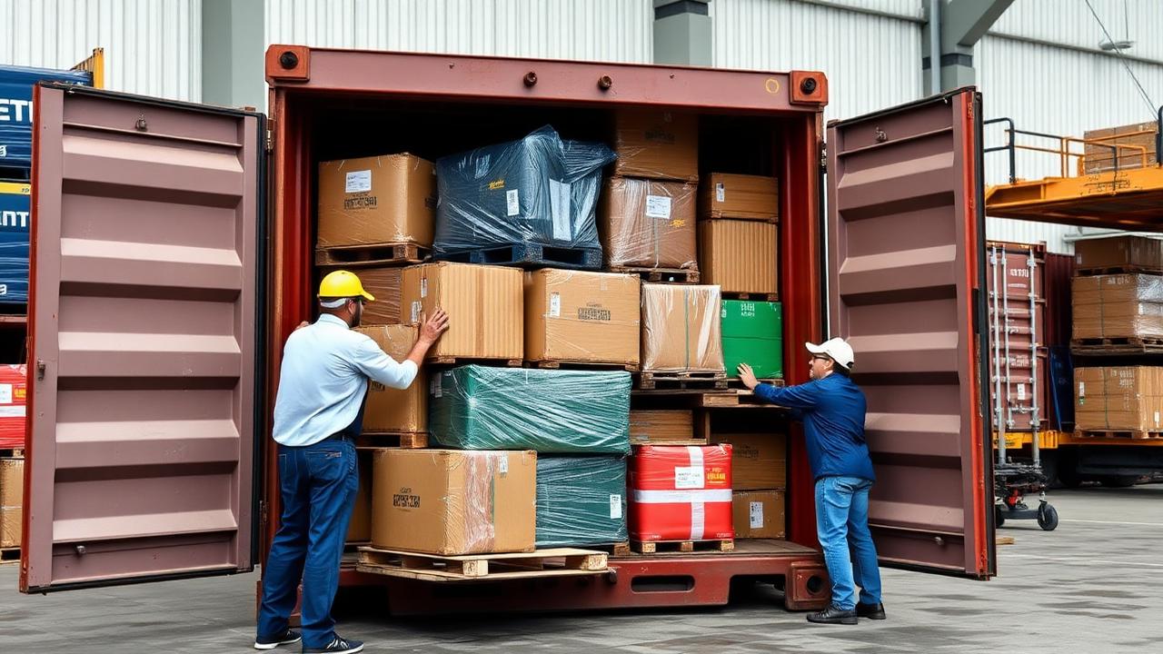 Workers loading mixed LCL cargo from different shippers into a shared 40ft consolidation container