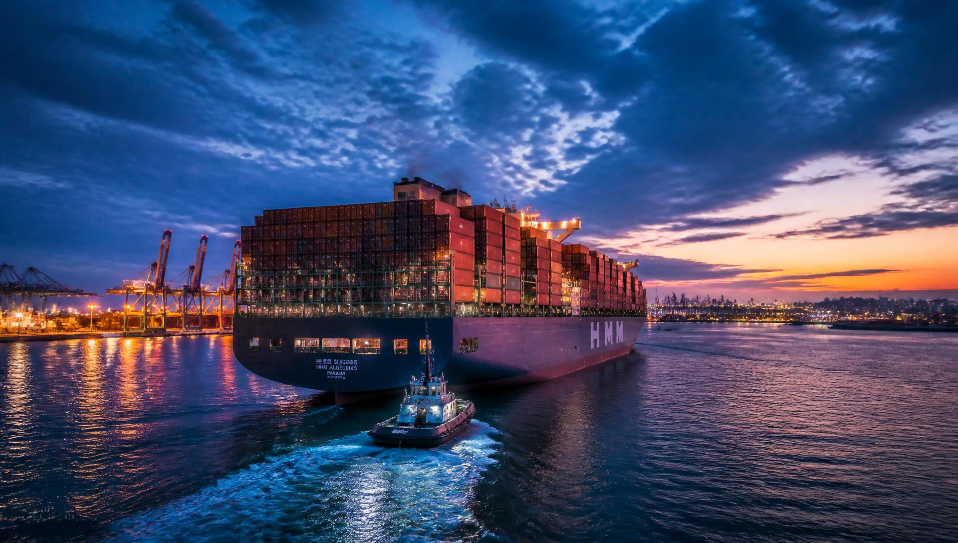 Port crane loading a shipping container onto a container vessel at dusk