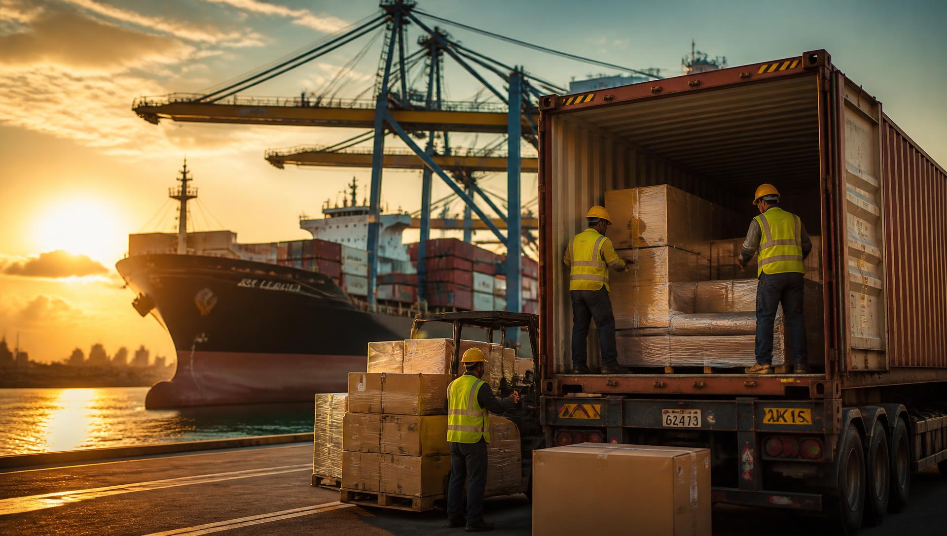 Shipping containers being loaded onto a vessel at a container terminal