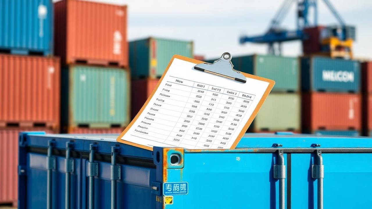 Pricing breakdown clipboard on top of a blue shipping container with the port and a crane in the background