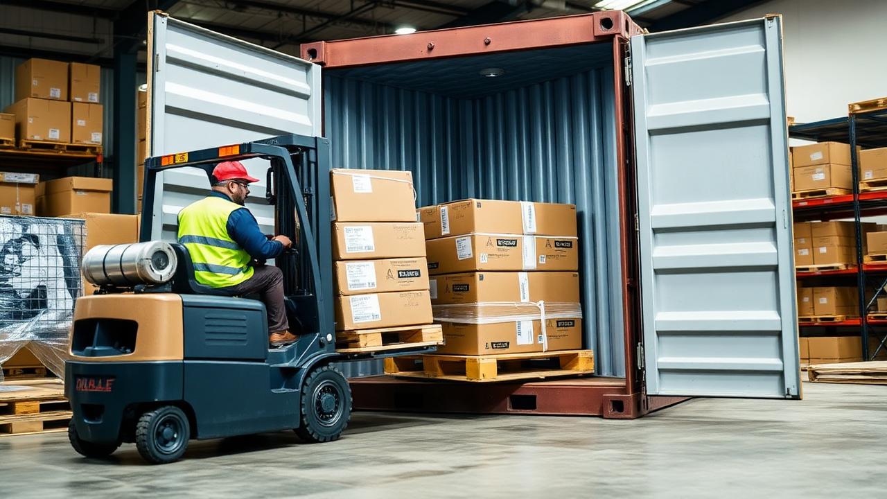 Forklift operator placing a small pallet of boxed goods into a shared 40ft container