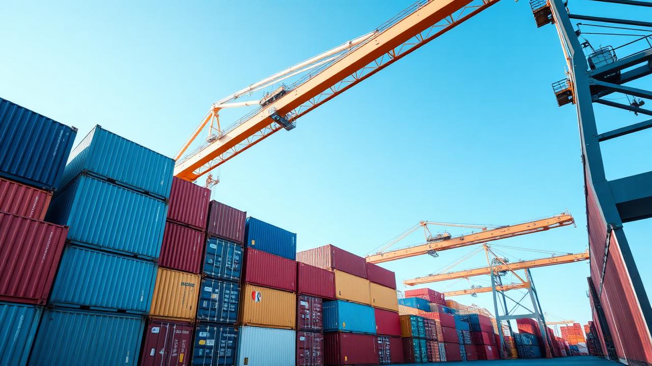Stacked 20ft and 40ft shipping containers in a Canadian port terminal with gantry cranes overhead