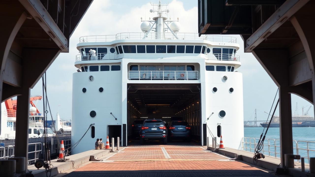 Large white Roll-on Roll-off vehicle carrier vessel docked at port with cars visible through the open stern ramp