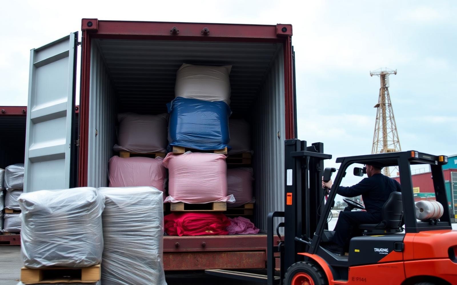 Used clothing bales being loaded into an ocean container in Montreal for export