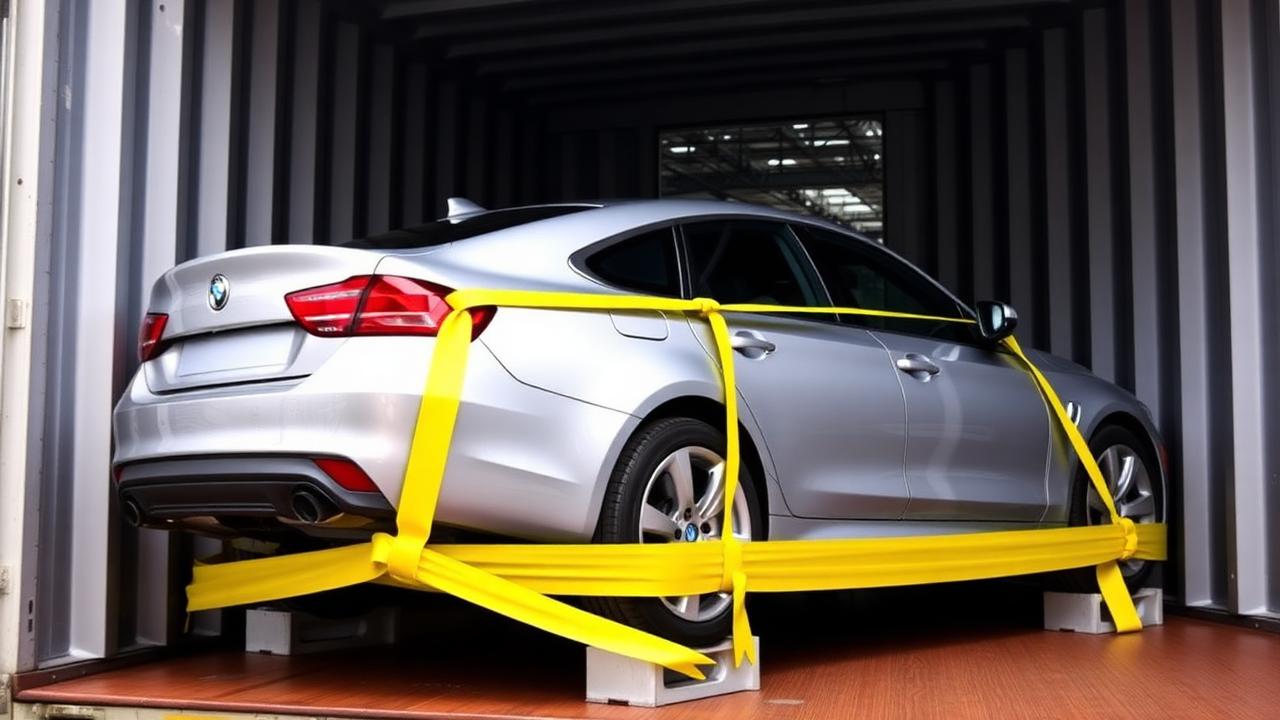 Silver sedan secured with yellow straps inside a 40ft shipping container for export