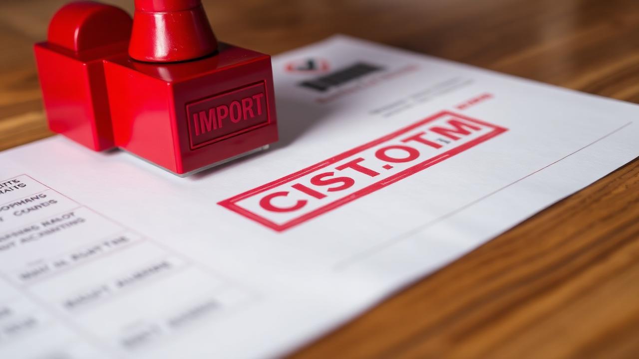 Close-up of a red customs stamp pressed onto an import declaration document on a wooden desk