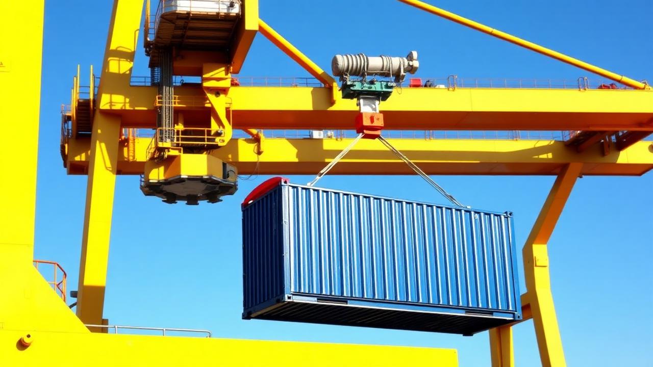 Ship-to-shore gantry crane lifting a blue 40ft shipping container against a clear blue sky
