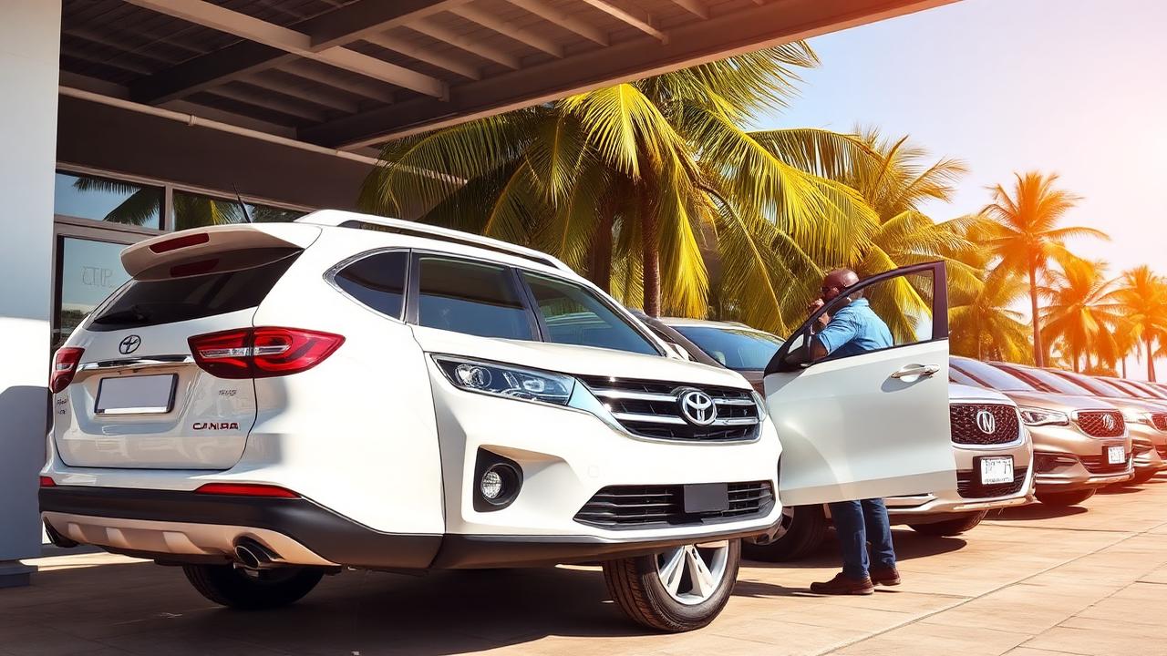 Recently imported Canadian SUV being inspected at a West African car dealership