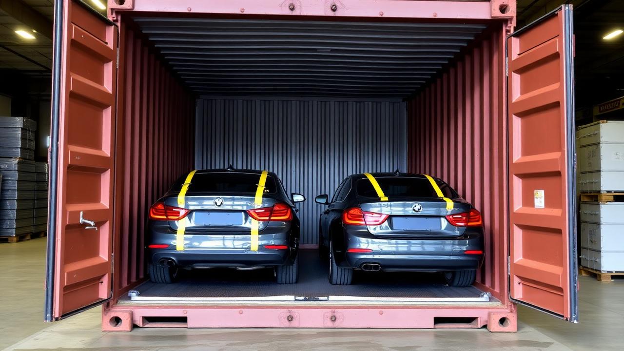 Open 40ft container with two cars loaded inside using professional bracing straps