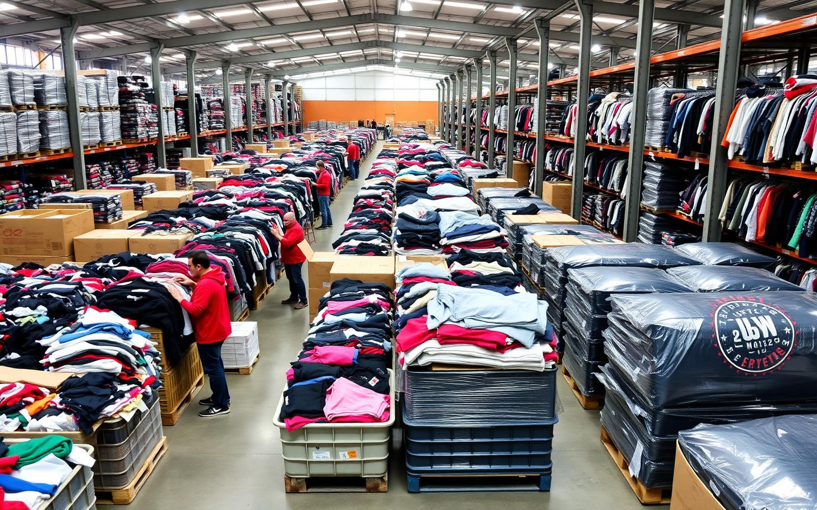 Wholesale used clothing warehouse in Montreal with sorted garments and bales on pallets