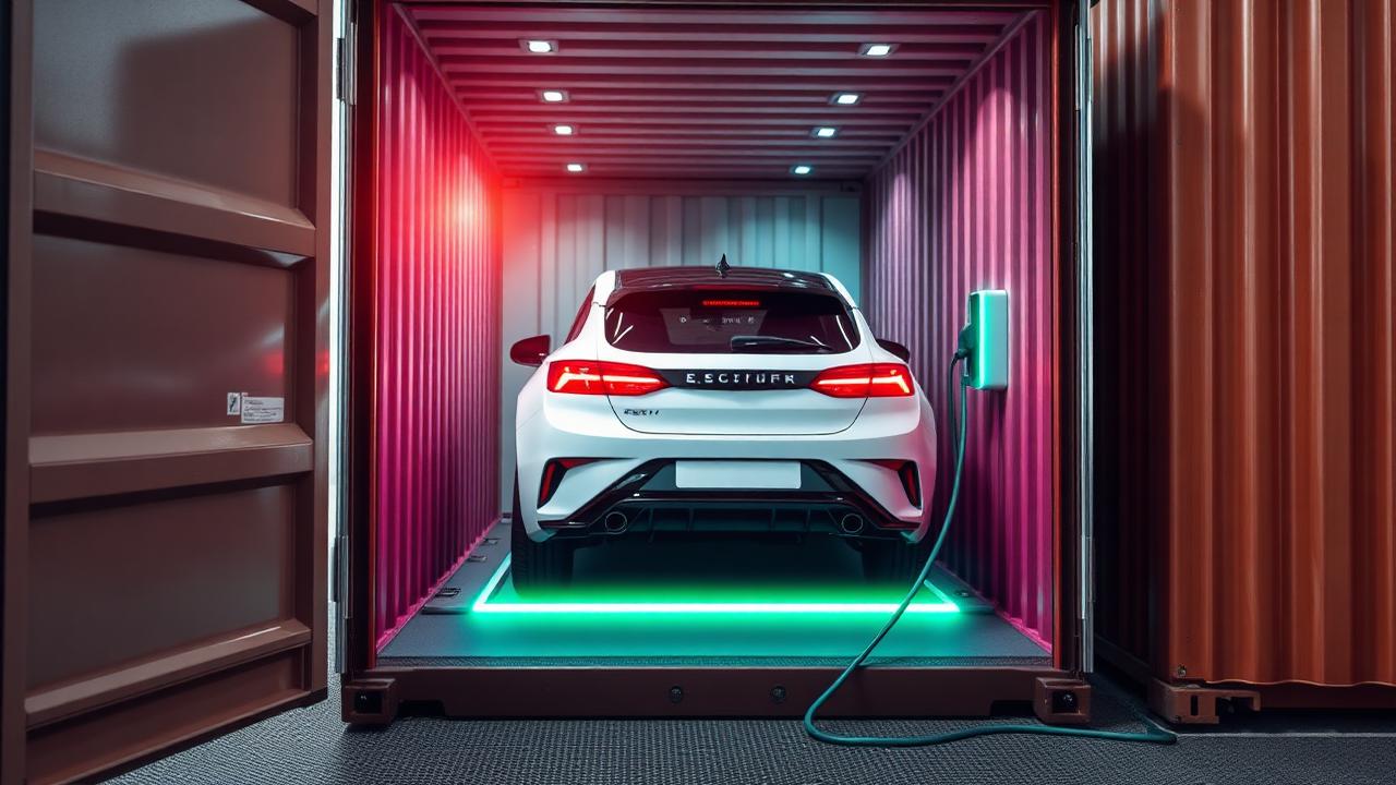 Electric vehicle being loaded into a shipping container with charging cables visible