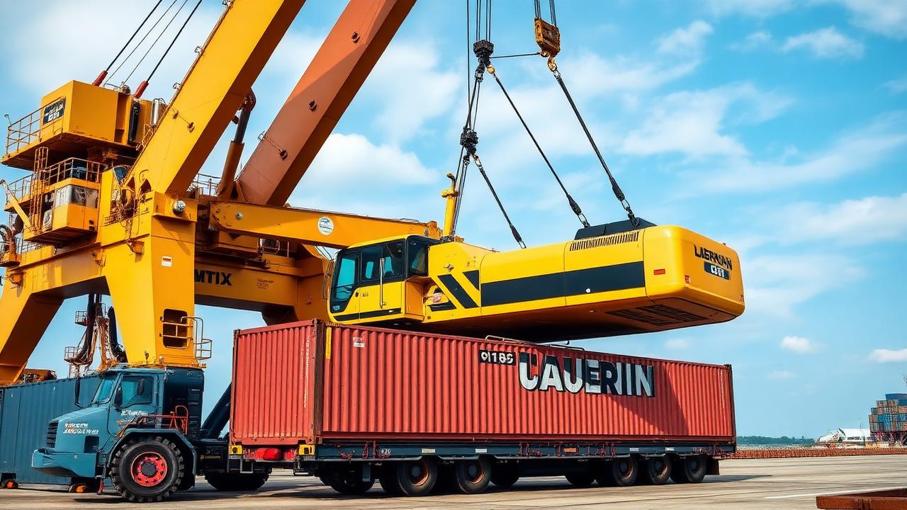 Large heavy-lift crane loading a yellow excavator onto a flat-rack container at a marine terminal