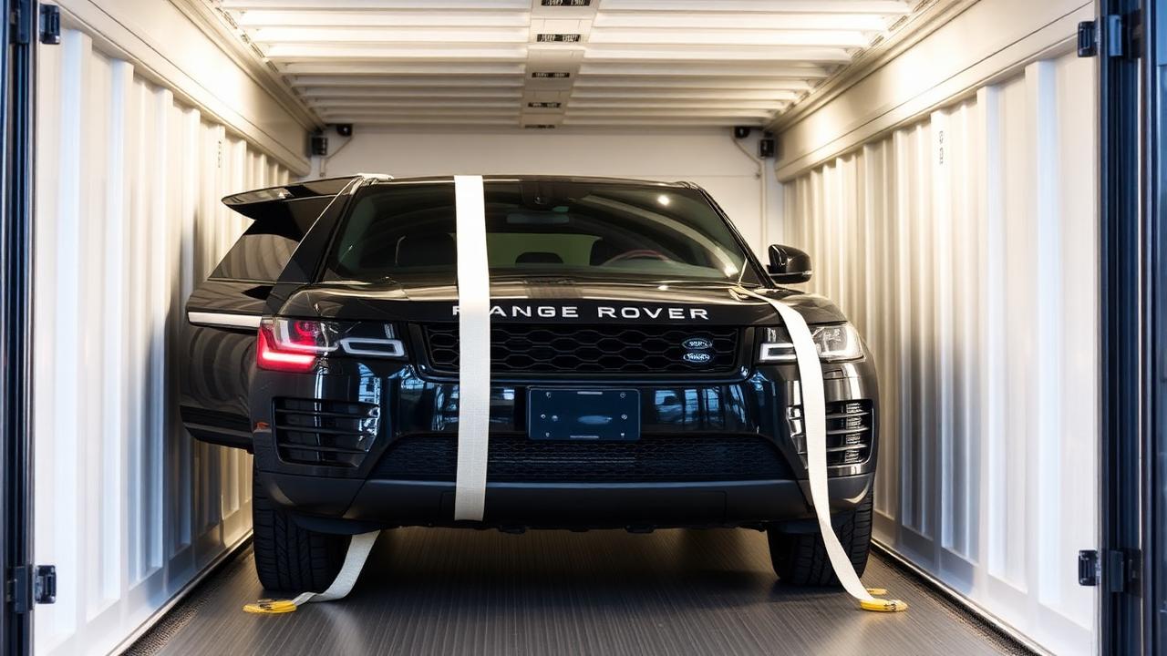 Range Rover SUV being carefully secured with soft straps inside a clean enclosed shipping container