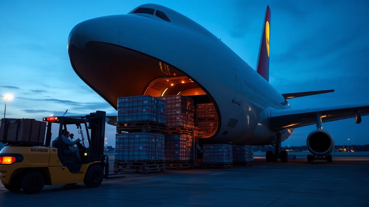 Forklift loading air freight pallets into a Boeing 747 cargo plane on the tarmac at dusk