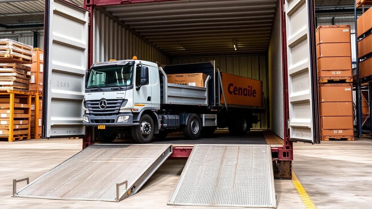 Pickup truck being carefully driven into an open 40ft container using loading ramps