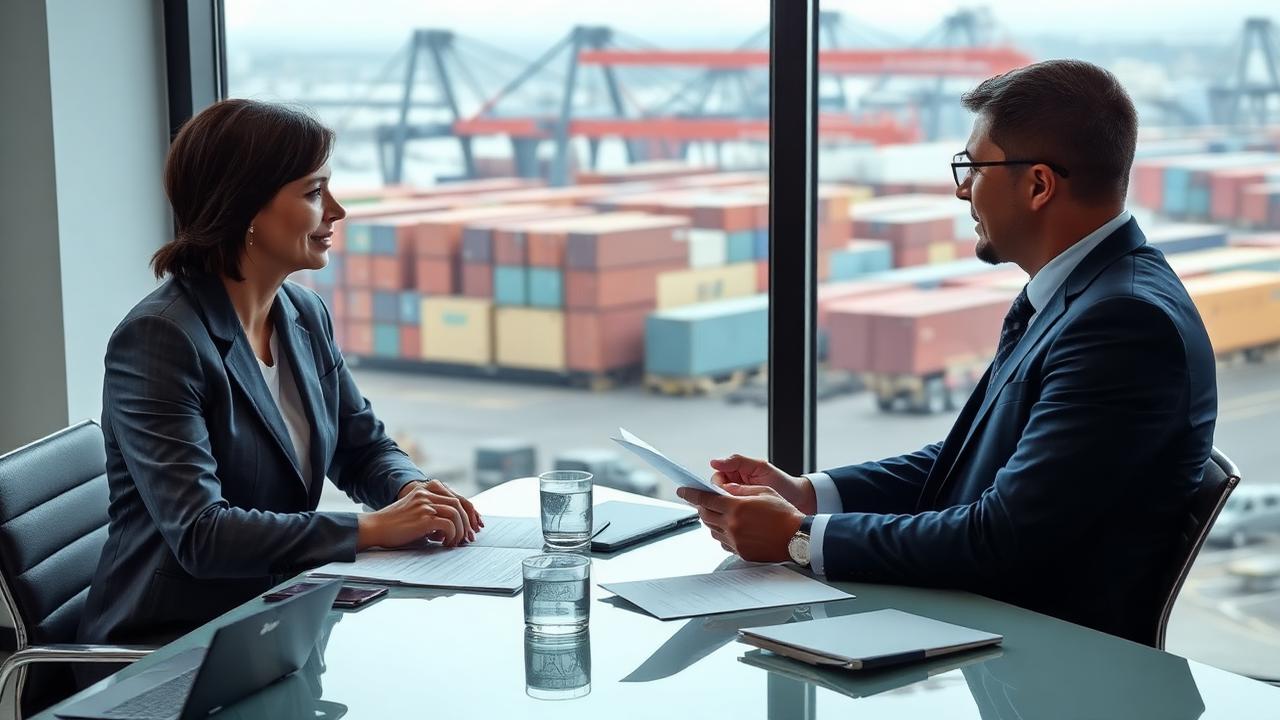 Freight forwarder negotiating shipping rates with a client at a desk overlooking a container terminal