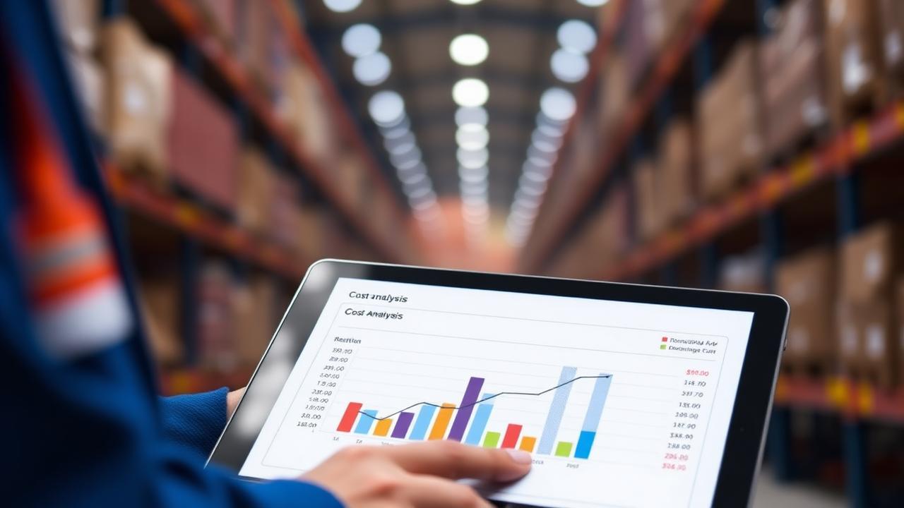 Logistics manager reviewing a cost analysis chart on a tablet inside a modern warehouse