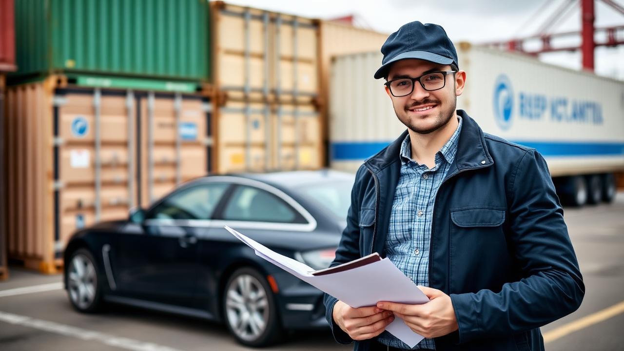 Logistics agent holding a clipboard of export paperwork in front of a vehicle and container at a Montreal yard