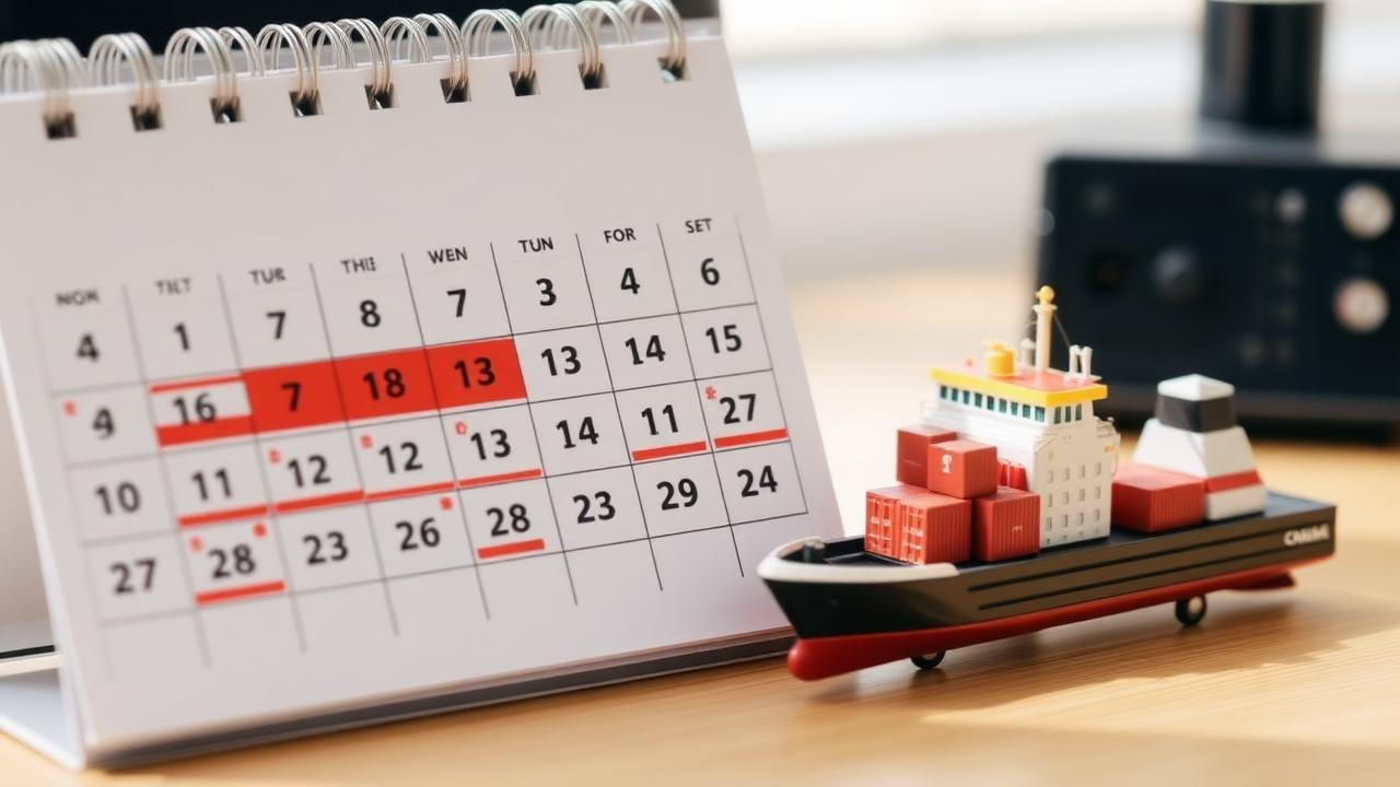 Desk calendar with shipping dates highlighted next to a small toy container ship for transit time planning