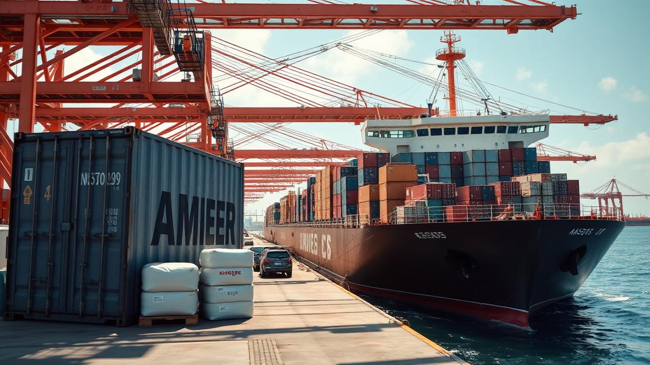 Container being discharged at a busy West African port with imported North American goods on the dock