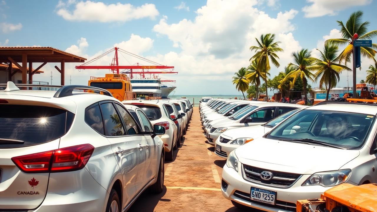 Used Canadian cars freshly discharged at a West African port dock awaiting customs clearance