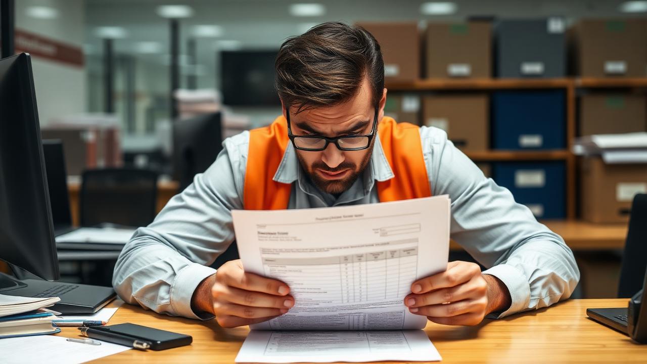 Frustrated shipper holding incomplete vehicle export paperwork at a port office desk