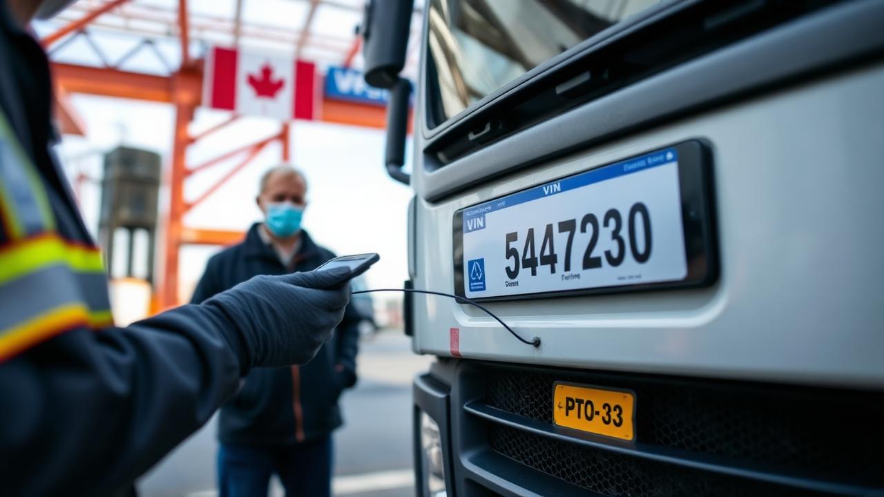 Vehicle inspection at a Canadian export terminal with the VIN being verified by an inspector