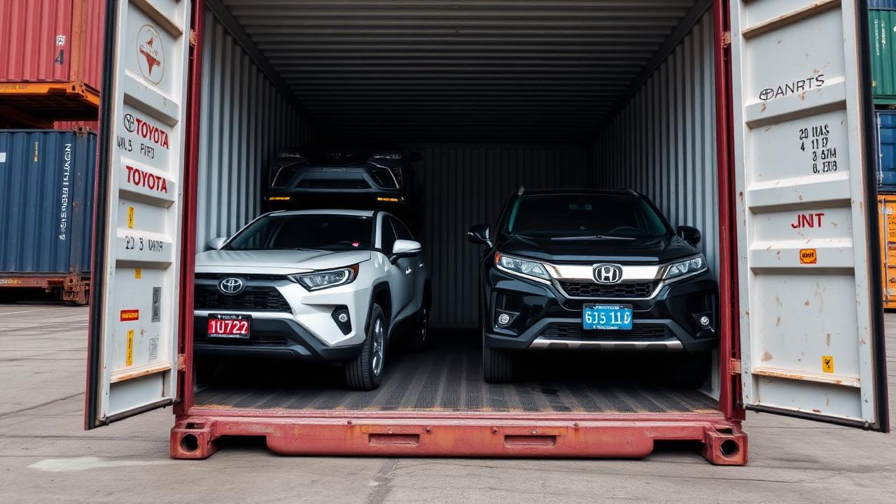 Toyota and Honda vehicles being secured inside an open 40ft container at a Montreal export yard