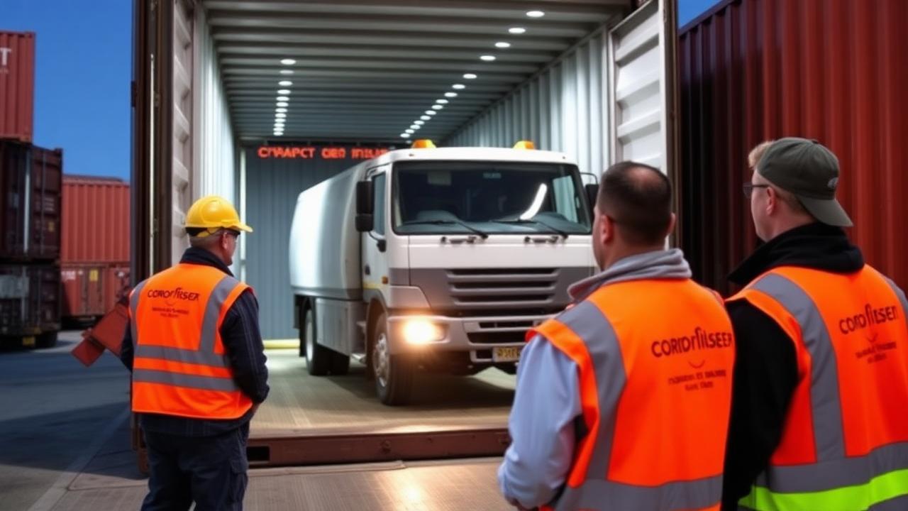 VELOX Logistics team in branded safety vests inspecting a vehicle being loaded into a container