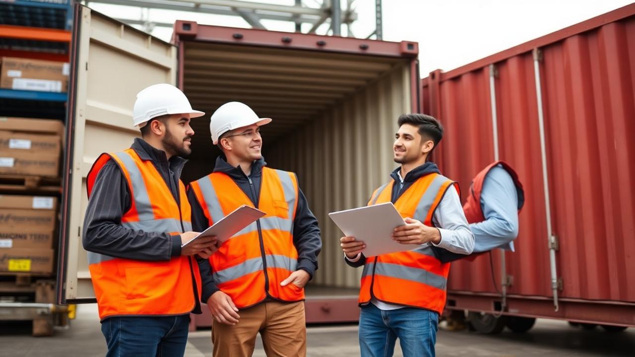 Logistics team in orange safety vests reviewing paperwork next to an open shipping container