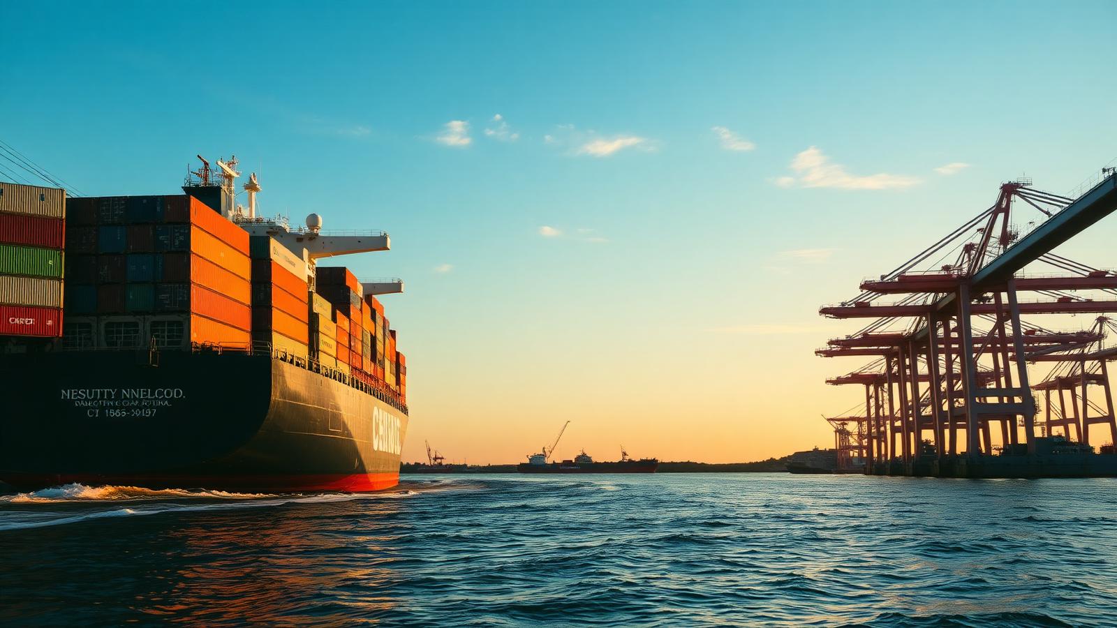 Container ship leaving a North American port at sunset, bound for Africa