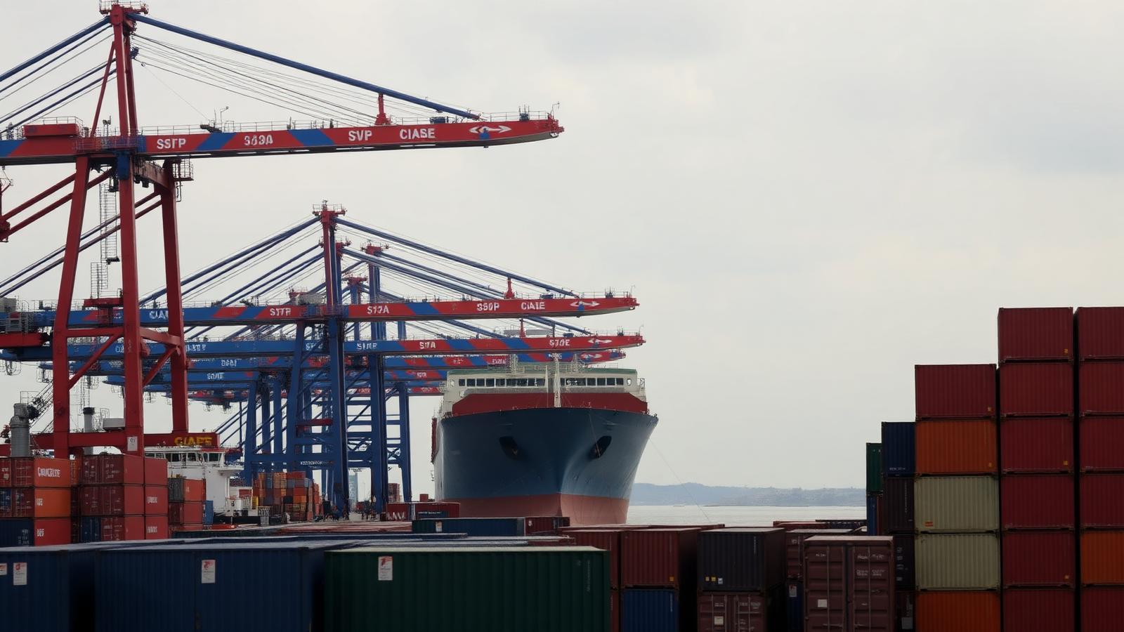 Dockside gantry cranes loading a container ship at a port terminal