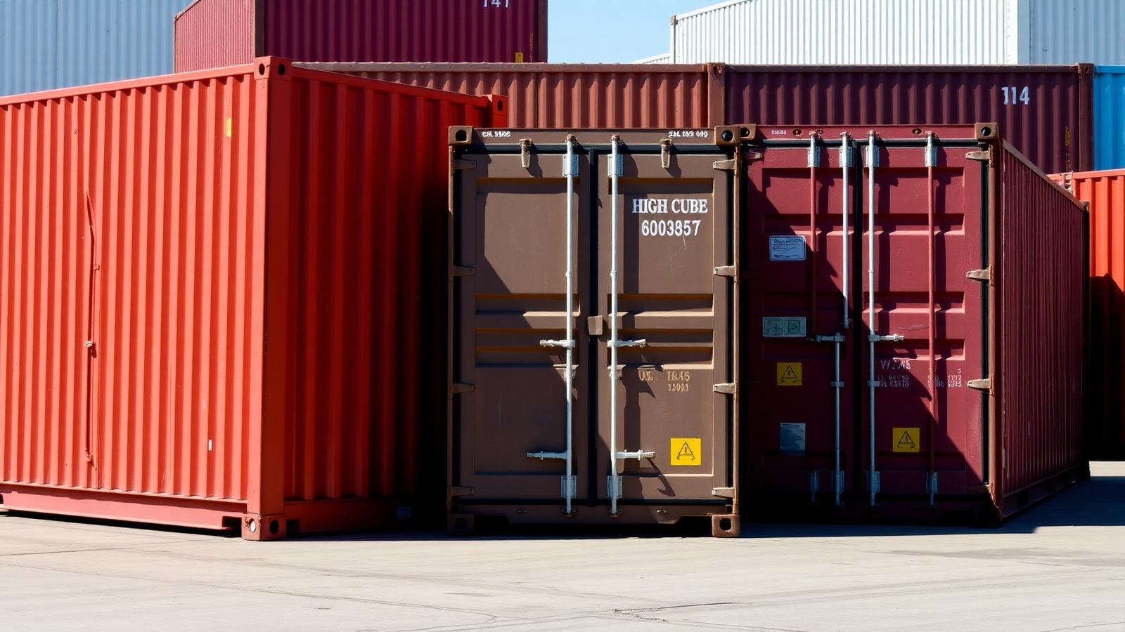 Shipping containers of different sizes lined up in a container yard