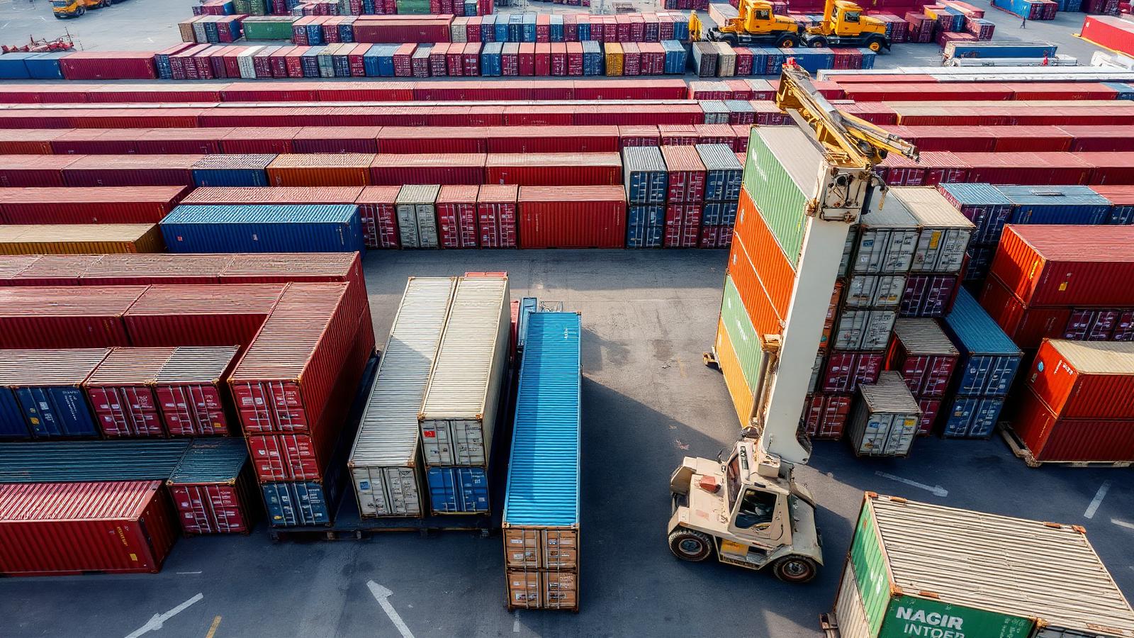 Aerial view of a container yard with a forklift handling cargo