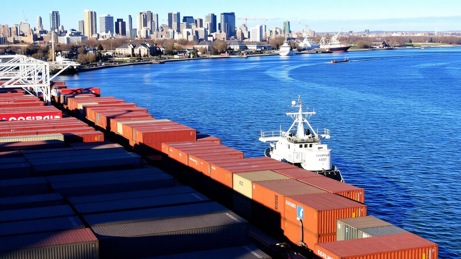Montreal port container terminal with a cargo ship and the city skyline