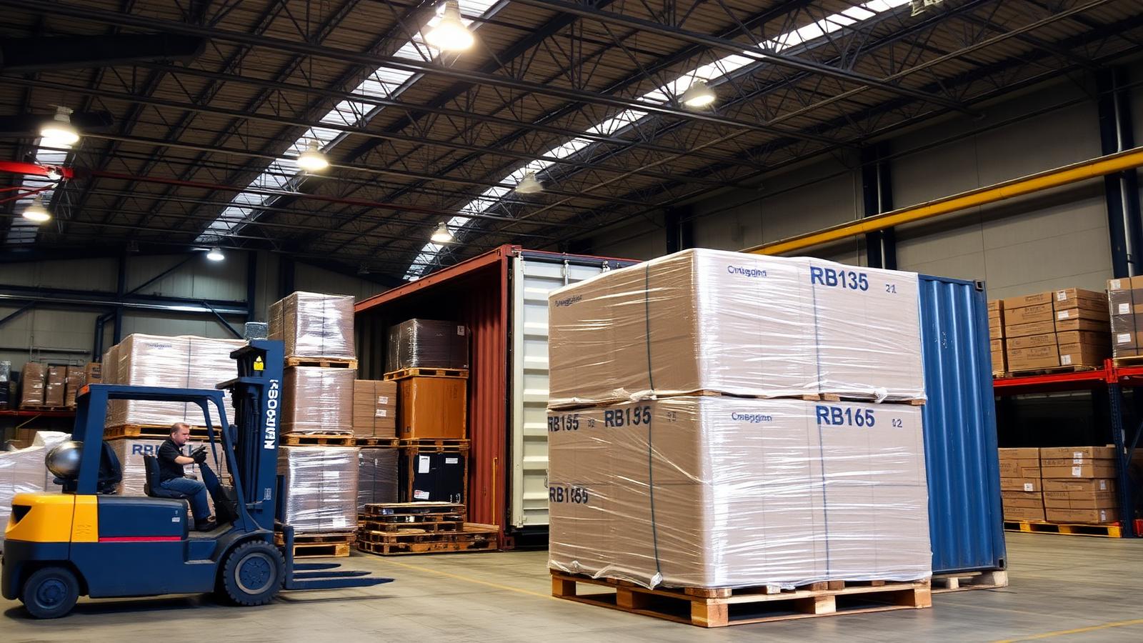 Consolidation warehouse with shrink-wrapped pallets in front of an open container