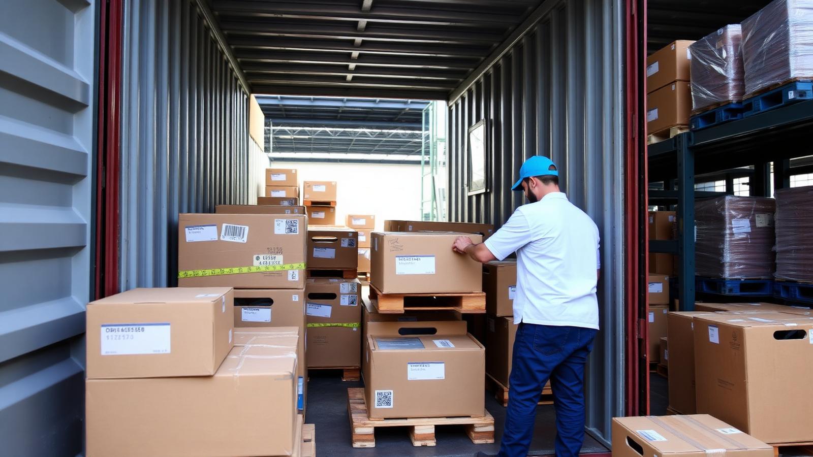 Worker loading labeled packages into a consolidation container in a warehouse